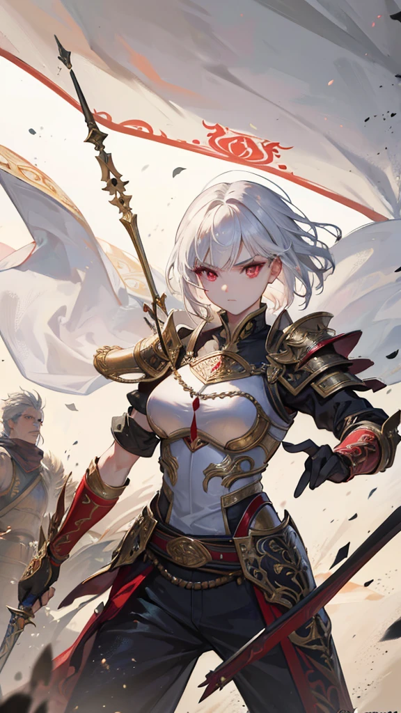 a warrior archer with medium-cut white hair, red eyes, detailed facial features, beautiful, ornate armor, wielding a longbow, in a battle scene, medieval fantasy, dramatic lighting, cinematic composition, epic, highly detailed, 8k, photorealistic, masterpiece