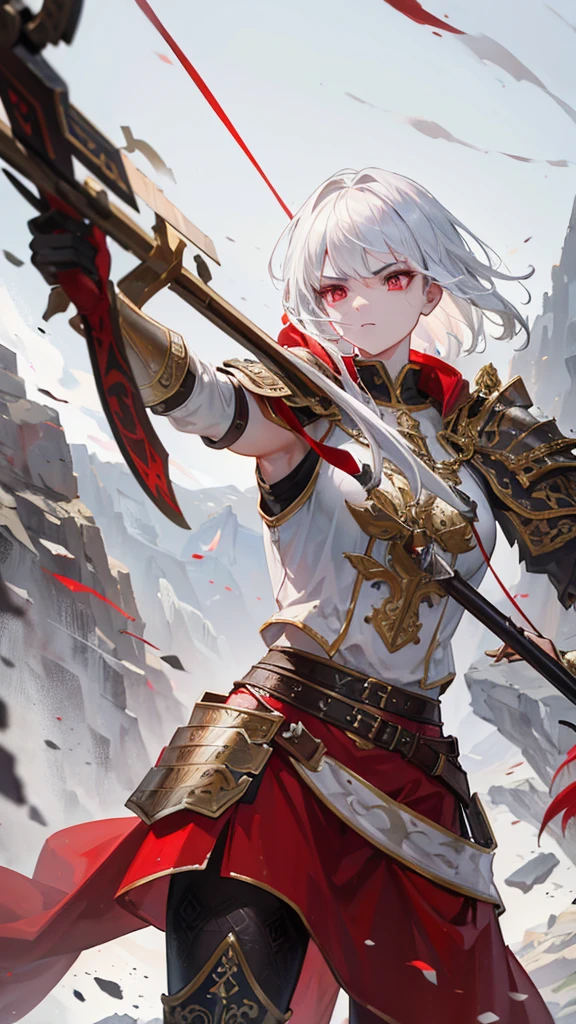 a warrior archer with medium-cut white hair, red eyes, detailed facial features, beautiful, ornate armor, wielding a longbow, in a battle scene, medieval fantasy, dramatic lighting, cinematic composition, epic, highly detailed, 8k, photorealistic, masterpiece