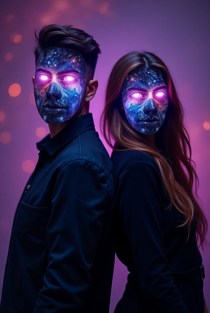 Create a profile photo for a YouTube channel of two people. On the channel, we will address science and philosophy, history, with a purple and black background. Make everything look fantastic and incredible. I don't want realism. A man and a woman. Don't make the two look like they have some kind of love connection. They are friends and don't show their faces. They are just friends. I do it looking forward, but put a universe mask on their faces.