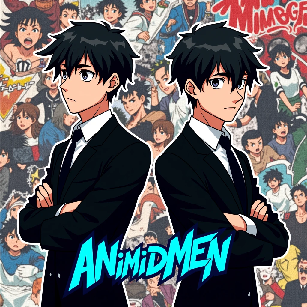 Background is a collage of various action themed manga panels, and in the centre lies animated avatars of a duo of black suited men in an area covering about 40% of the logo below which is written "ANImidMEN" in blue font colour in joker font style in a 1:1 frame