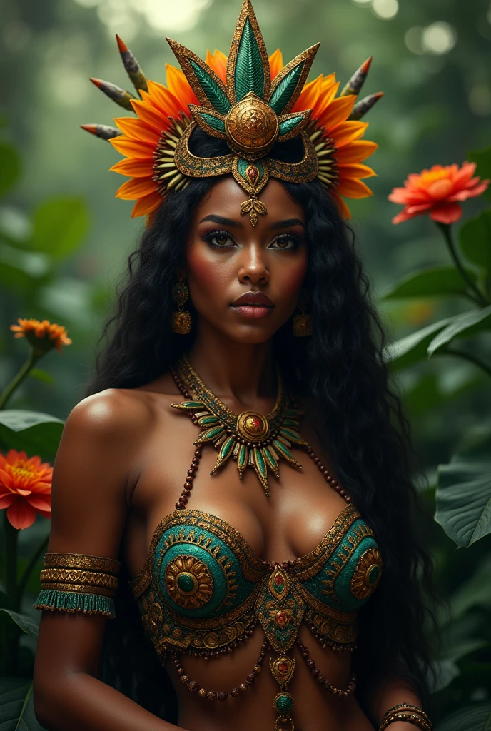 Create the image of the goddess of love from Brazilian indigenous culture, skin black, sultry posing.