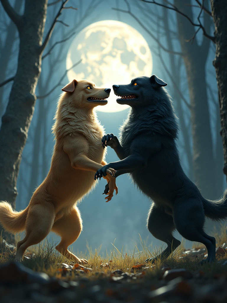 clearing! Here is a detailed prompt to create an AI image that represents the fight between two dogs symbolizing good and evil:

"Create a dramatic scene of a fight between two dogs in a nighttime setting. On one side, a dog with a shiny golden coat, with a noble and serene look, representing the good. on the other side, a dog with a dark, black coat, with intense and threatening eyes, symbolizing evil. The dogs are standing in the middle of a moonlit clearing, with deep, contrasting shadows all around. The atmosphere must be charged with tension, with an aura that highlights the struggle between light and darkness."