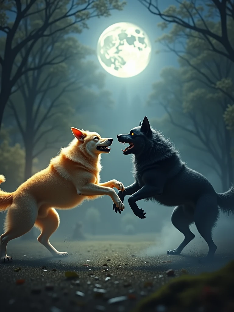 clearing! Here is a detailed prompt to create an AI image that represents the fight between two dogs symbolizing good and evil:
"Create a dramatic scene of a fight between two dogs in a nighttime setting. On one side, a dog with a shiny golden coat, with a noble and serene look, representing the good. on the other side, a dog with a dark, black coat, with intense and threatening eyes, symbolizing evil. The dogs are standing in the middle of a moonlit clearing, with deep, contrasting shadows all around. The atmosphere must be charged with tension, with an aura that highlights the struggle between light and darkness."