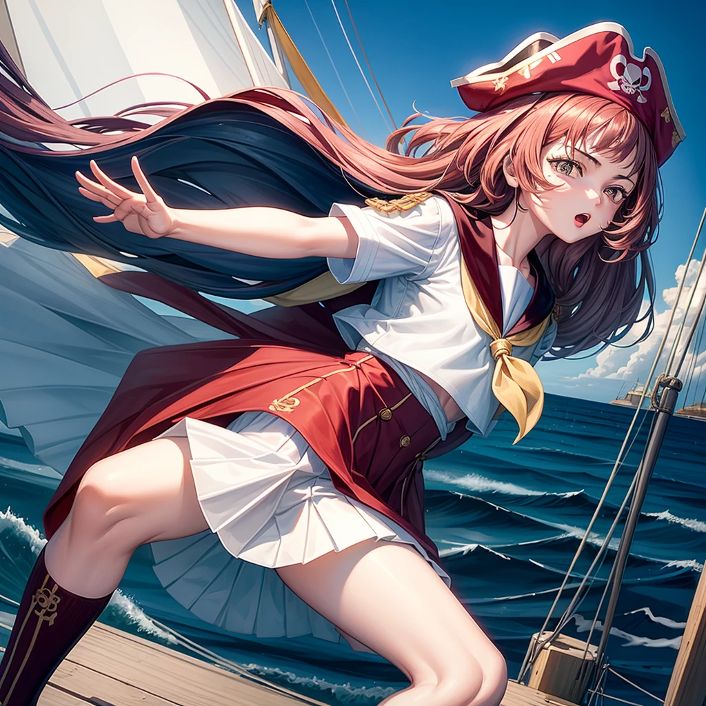 One Girl(8age), pirate, Highest quality、Cinema Lighting、Sailor suit、Long skirt、 sailboat(Galleon)On the mast、White panties,