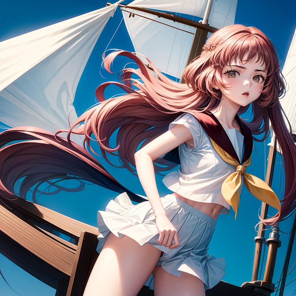 One Girl（８age）, pirate, Highest quality、Cinema Lighting、Sailor suit、Long skirt、 sailboat（Galleon）On the mast、White panties,