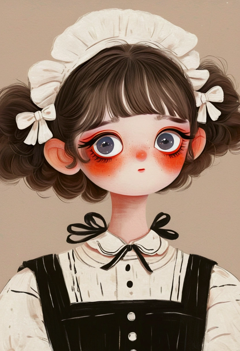 A painting,Pastel Art:Little girl in black and white maid costume。big eyes,short hair,Lovely art style, Lovely and detailed digital art, Cute numbers艺术, Lovely artwork, Kawaii realistic portrait, Change, Cute numbers, Lovely portrait, Kasuga, Lovely characters, Cute, colorful and adorable