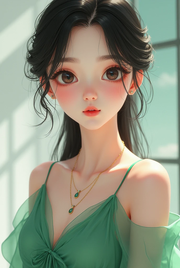 Close up of a woman wearing a green dress and necklace, A work of art in the Quwaiz style, Realistic anime in 3D style, Beautiful anime picture, realistic anime style, Detailed image of an anime girl, Beautiful portrait, By Yang J, stunning anime face portrait, Realistic anime art style, Anime girl picture, Nice anime style