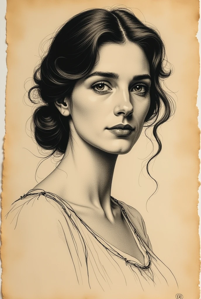 A Victorian era hand-drawn portrait of a young woman in her late 30s, Post-impressionist style, minimalist brush work, prosaic style, beautifully shaded, black ink on brown paper