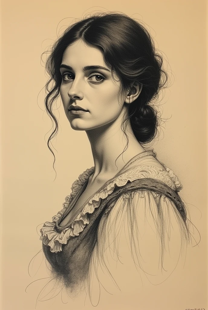 A Victorian era hand-drawn portrait of a young woman in her late 30s, Post-impressionist style, minimalist brush work, prosaic style, beautifully shaded, black ink on brown paper