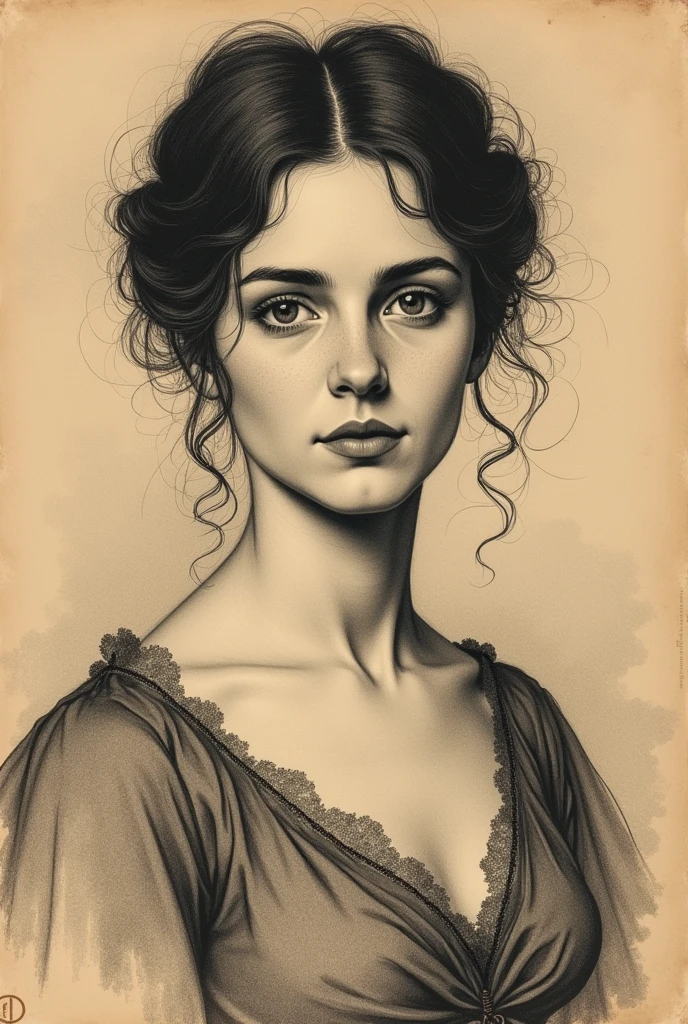 A Victorian era hand-drawn portrait of a young woman in her late 30s, Post-impressionist style, minimalist brush work, prosaic style, beautifully shaded, black ink on brown paper