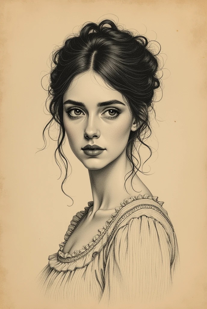 A Victorian era hand-drawn portrait of a young woman in her late 30s, Post-impressionist style, minimalist brush work, prosaic style, beautifully shaded, black ink on brown paper