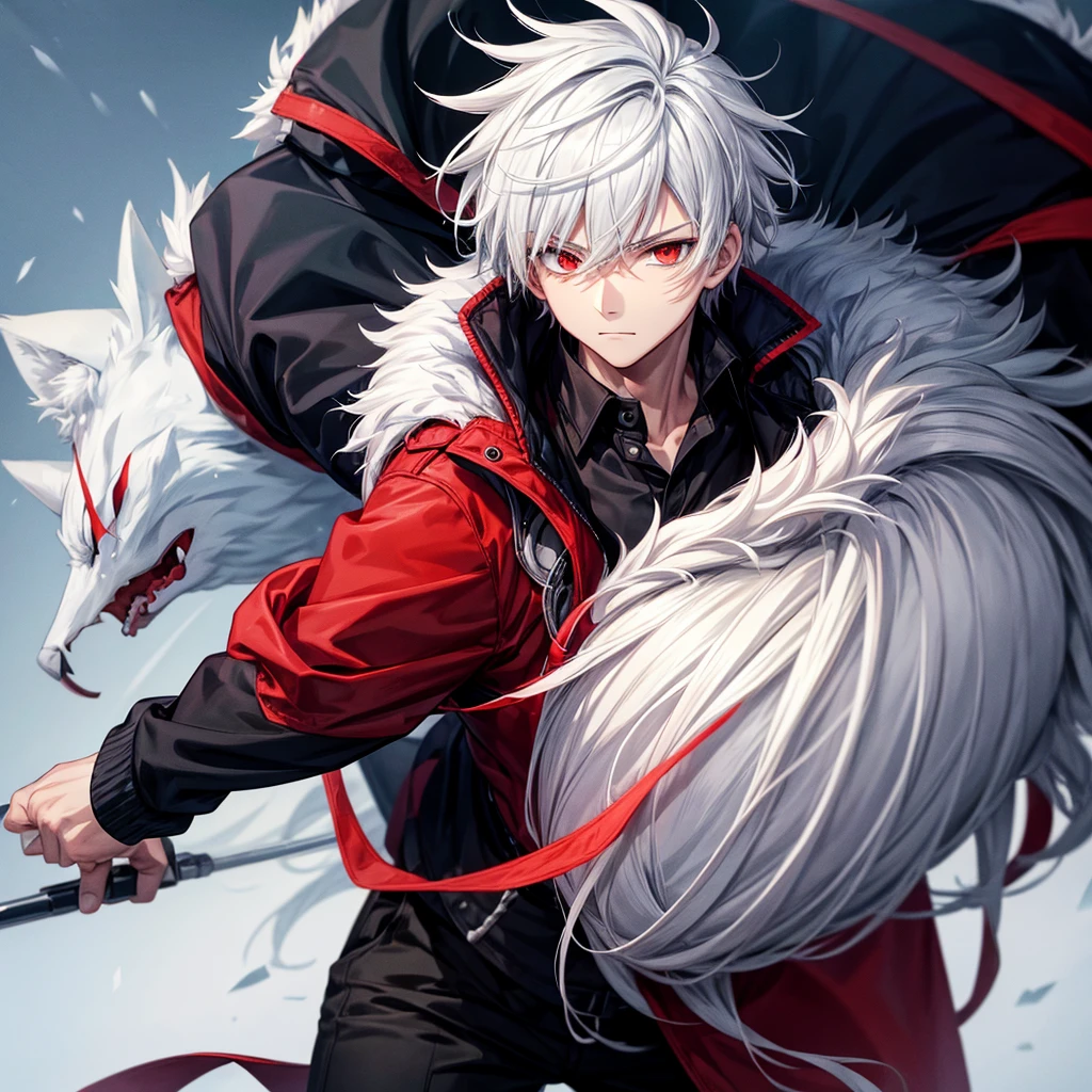 Anime guy character wearing a winter jacket with fur collared, white hair and red eyes, black shirt