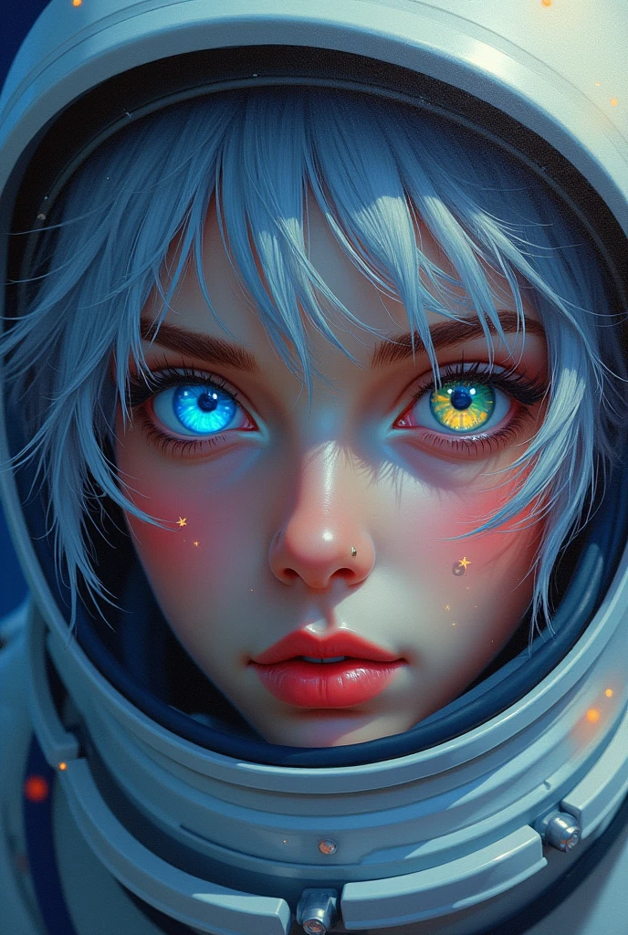 (Close-up of a better masterpiece:1.5)0.9], (Space and astronauts:1.2) (Messy silver hair:1.1) (Heterochromia xanthochromia and blue eyes:1.2) (Space Helmet:1.0) (Colored stars in the eyes:1.0) (A radiant glow:1.1) (thick lips:0.9)