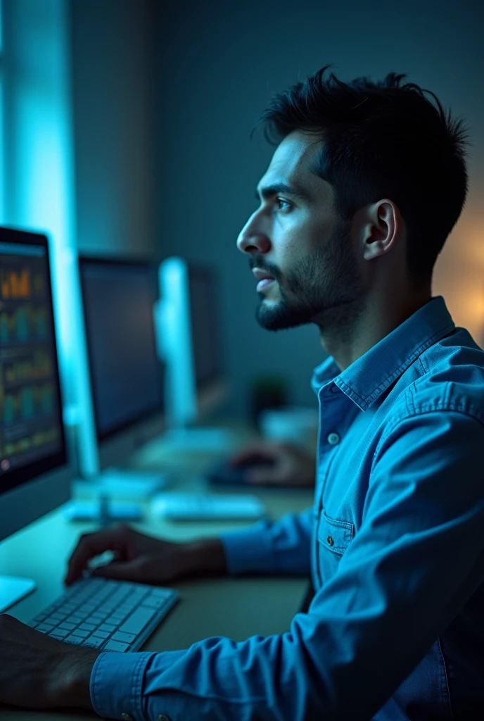Man looking straight ahead focused on a work environment with computers to illustrate the concept of cybersecurity
