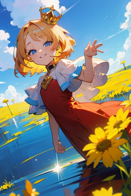 young girl.short golden hair.blue eyes.Yellow and red dress.Look straight..wear a crown,smile,Put your hands behind your back,meadow,Straight camera angle,Reflection,blue sky,
