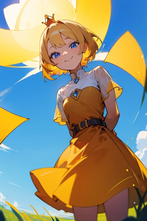 young girl.short golden hair.blue eyes.Yellow and red dress.Look straight..wear a crown,smile,Put your hands behind your back,meadow,Straight camera angle,Reflection,blue sky,