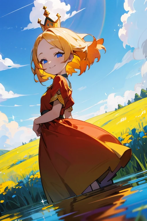 young girl.short golden hair.blue eyes.Yellow and red dress.Look straight..wear a crown,smile,Put your hands behind your back,meadow,Straight camera angle,Reflection,blue sky,