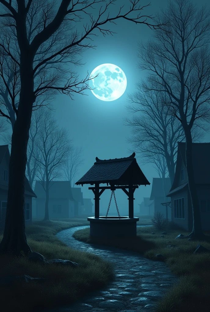 A moonlit night scene of the quiet village. The old well casts a long shadow. There is an unsettling stillness, with only a faint breeze rustling through the trees.