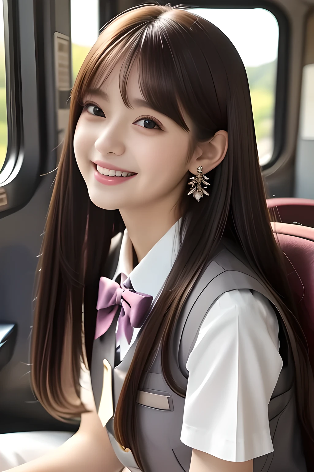 (highest quality, masterpiece, high resolution:1.2), 4K, (Photo quality detailed face: 1.2), (Giorgione painting style: 0.8), geometry, ( yo cute girly Japanese girl is seated and looking me up in a train: 1.0), Laughing cutely, (neat girly white short-sleeves school blouse: 1.0), (puffed short sleeves: 1.0), (Dark red glossy school ribbon on the breast: 1.0), (Gray Japanese school girly vest Uniform: 1.2), (Extremely laughing cheeks: 1.0), (Beautiful light-amber cute-dolly large clear eyes with detailed cutely: 1.4), (Long bottom eyelashes: 1.2), (Expressing the greatest joy with her whole body: 1.2), (Glossy lips: 1.0), (Super-straight super-long hair: 1.5), (cute earrings), (white and clear skin: 1.0), (Laughing 8yo smiling super-cute eyes with detailed: 1.0), (Placing her beautiful white hands together like praying: 0.9), (Promoting Shampoo: 1.2)