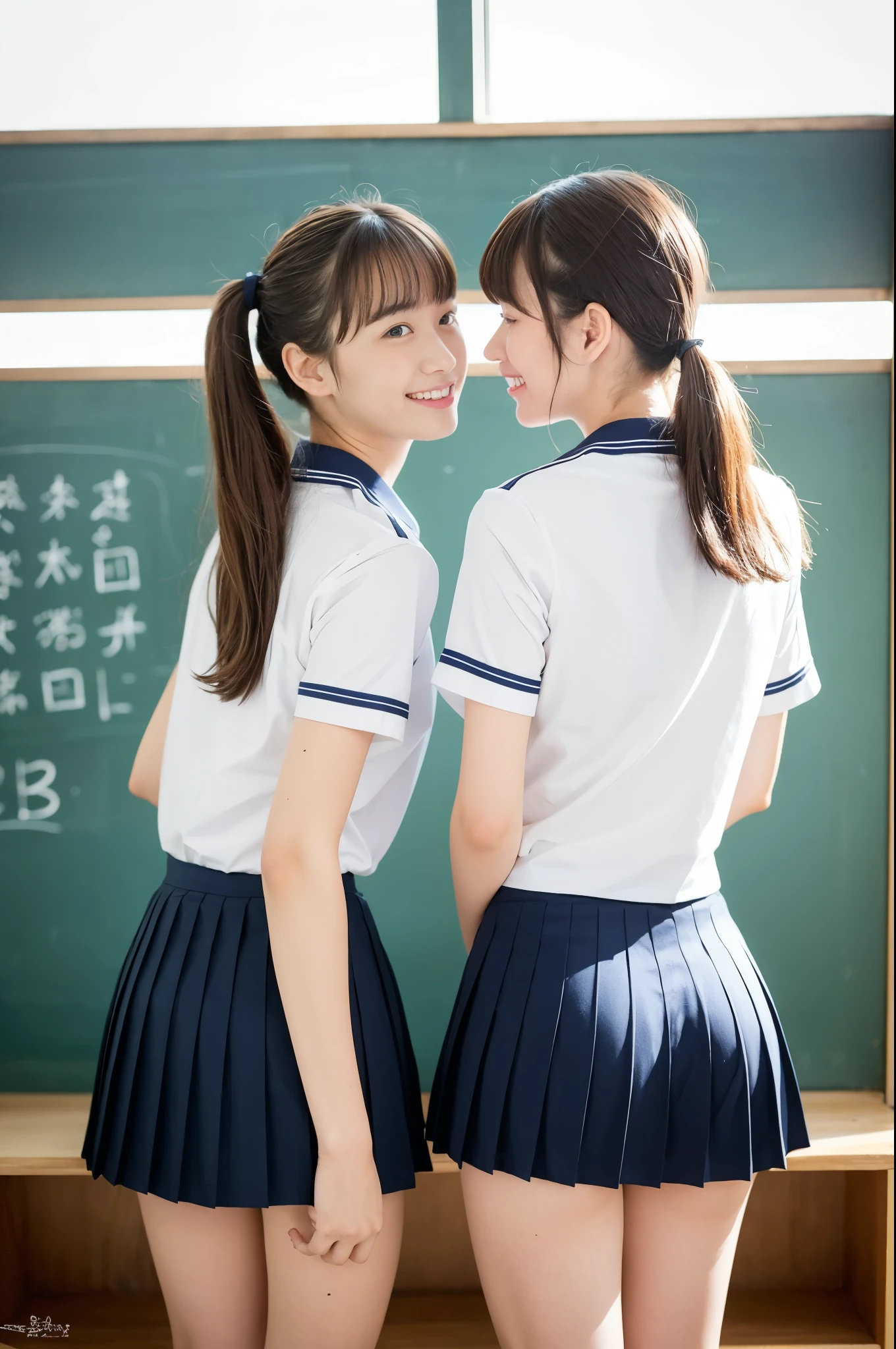 2 girls standing in wooden school classroom in summer,short-sleeved sailor white shirt over,navy blue pleated skirt,BREAK white thong,18-year-old,bangs,a little smile,thighs,knees,short hair with low pigtails bunches,from behind,front light