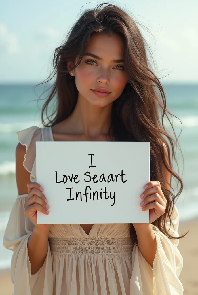 Beautiful girl with wavy long hair, bohemian dress, holding a white board with text "I Love Seaart Infinity" and showing it to the viewer