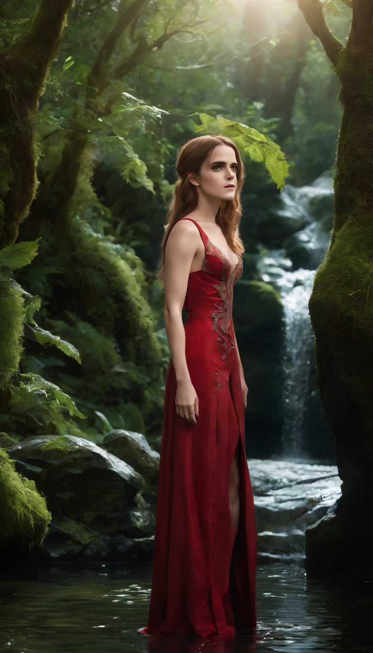 ((Emma Watson))
(((Sexy Red Slit Slave Dress))), (Long Hair:2.0), enchanted forest at twilight, ethereal light filtering through ancient towering trees, vividly detailed lush undergrowth, mystical creatures lurking in the shadows, sparkling fairy lights weaving through the foliage, a crystal-clear stream with water so pure it glows, cascading waterfall in the background with magical properties, fantasy wildlife drinking at the water's edge, highly detailed, photorealistic textures on every surface