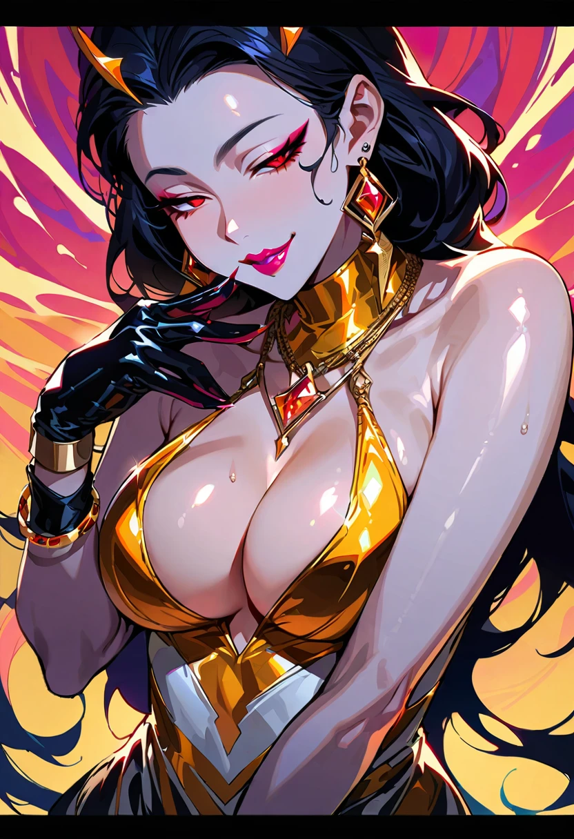 One young and beautiful woman,(Highest quality,Extremely detailed depiction,Incredibly absurd high resolution,Anatomically accurate depiction,Curvy Legs,Vertically drawn pupils),(Glowing Skin,Shiny skin,Porcelain-like skin),(Bewitching succubus),(Shiny and noble silk dress,Black hose,Body net stockings),eyelash,Sweat,(Red eyes,Crazy Eyes,There is cleavhe chest,A seductive smile,Glossy lipstick,Flashy makeup,Seductive gestures,Half-closed eyes:1.5),Luxury accessories,earrings,necklace,Bracelet,whole body:1.3,