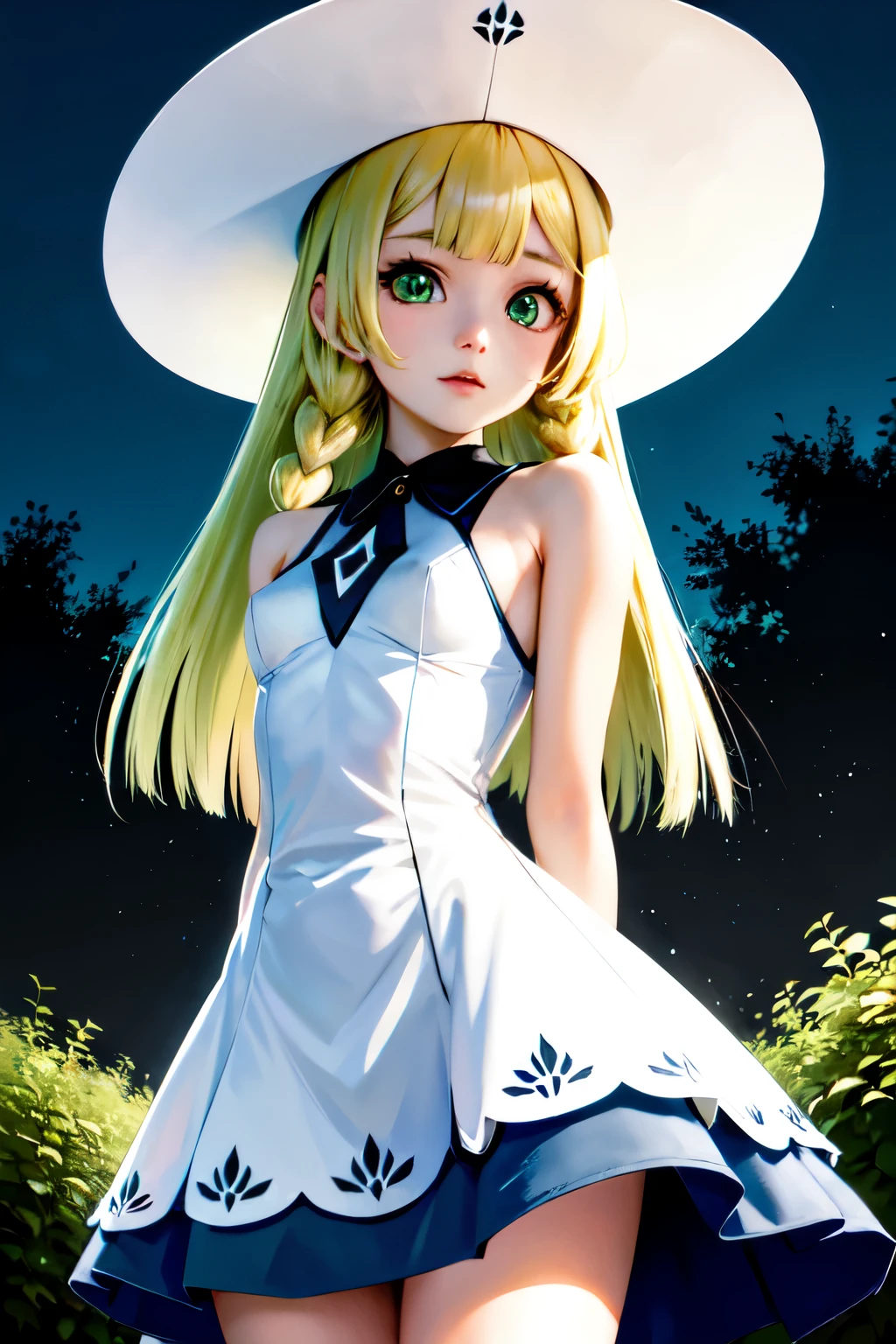 lily pokemon, lily pokemon, by rubio, blunt bangs, (green eyes:1.5), by the wide, (small breasts:1.2),
BREAK braid, collared dress, dress, has, sleeveless, sleeveless dress, sun has, sundress, twin braids, white dress, white hats,
REST looking at the viewer, Upper part of the body, Whole body, (cowboy shot:1.5),
rest outdoors, nature, sky,
BREAK (masterpiece:1.2), Best Quality, High resolution, unity wallpaper 8k, (illustration:0.8), (beautiful detailed eyes:1.6), extremely detailed face, perfect lighting, Extremely detailed CG, (perfect hands, perfect anatomy),