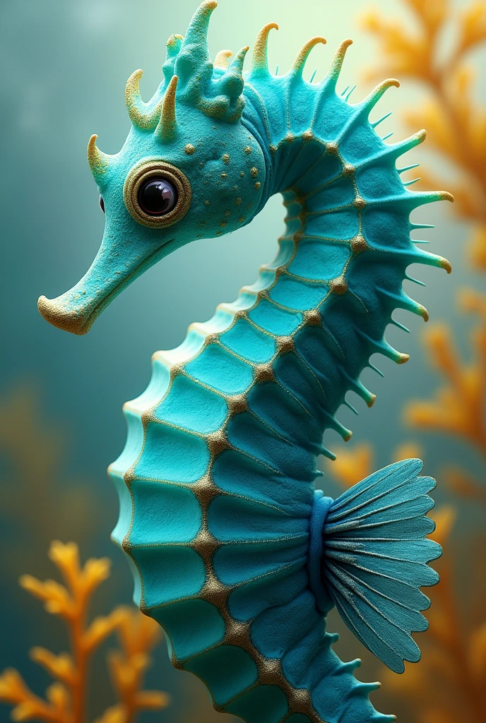 A turquoise seahorse,esmeralda,yellow and orange, realist