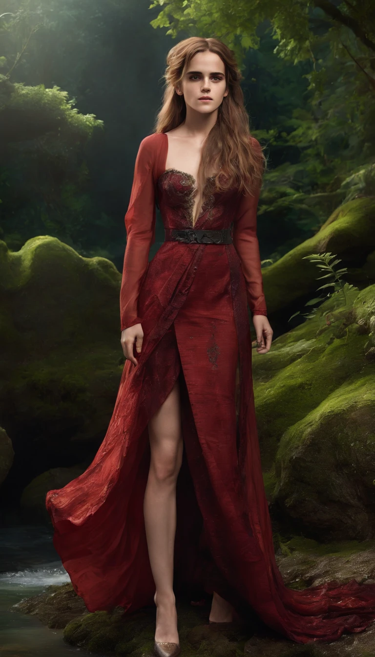((Emma Watson))
(((Sexy Red Slit Slave Dress))), (Long Hair:2.0), enchanted forest at twilight, ethereal light filtering through ancient towering trees, vividly detailed lush undergrowth, mystical creatures lurking in the shadows, sparkling fairy lights weaving through the foliage, a crystal-clear stream with water so pure it glows, cascading waterfall in the background with magical properties, fantasy wildlife drinking at the water's edge, highly detailed, photorealistic textures on every surface