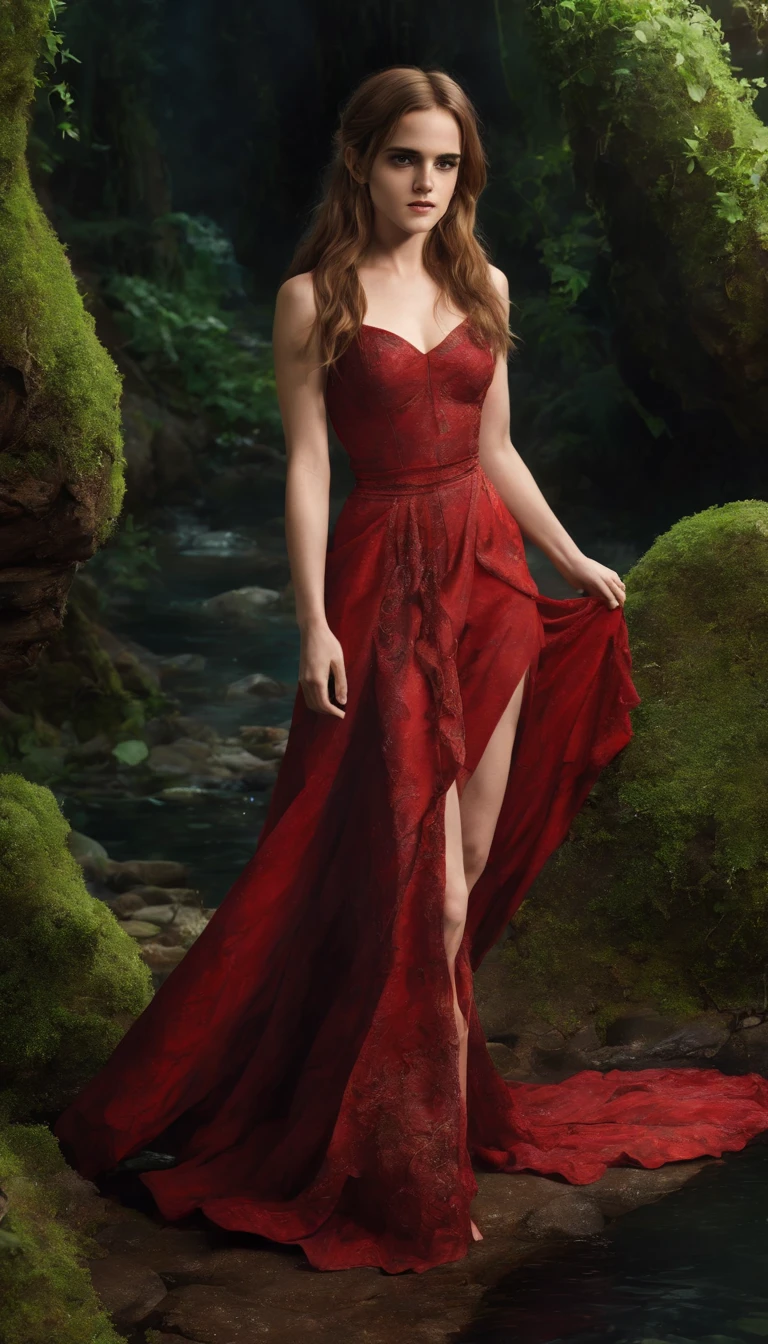 ((Emma Watson)) 
(((Sexy Red Slit Slave Dress))), (Long Hair:2.0), enchanted forest at twilight, ethereal light filtering through ancient towering trees, vividly detailed lush undergrowth, mystical creatures lurking in the shadows, sparkling fairy lights weaving through the foliage, a crystal-clear stream with water so pure it glows, cascading waterfall in the background with magical properties, fantasy wildlife drinking at the water's edge, highly detailed, photorealistic textures on every surface