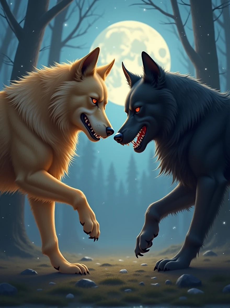 clearing! Here is a detailed prompt to create an AI image that represents the fight between two dogs symbolizing good and evil:
"Create a dramatic scene of a fight between two dogs in a nighttime setting. On one side, a dog with a shiny golden coat, with a noble and serene look, representing the good. on the other side, a dog with a dark, black coat, with intense and threatening eyes, symbolizing evil. The dogs are standing in the middle of a moonlit clearing, with deep, contrasting shadows all around. The atmosphere must be charged with tension, with an aura that highlights the struggle between light and darkness."