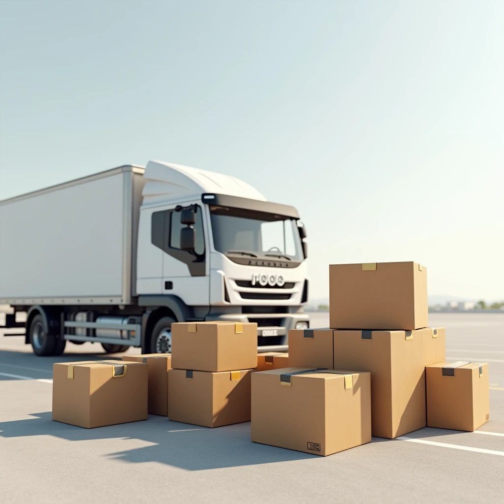 Hyper realistic image of 10 carton boxes arranged near a white logistics truck viewed from afar on ground level