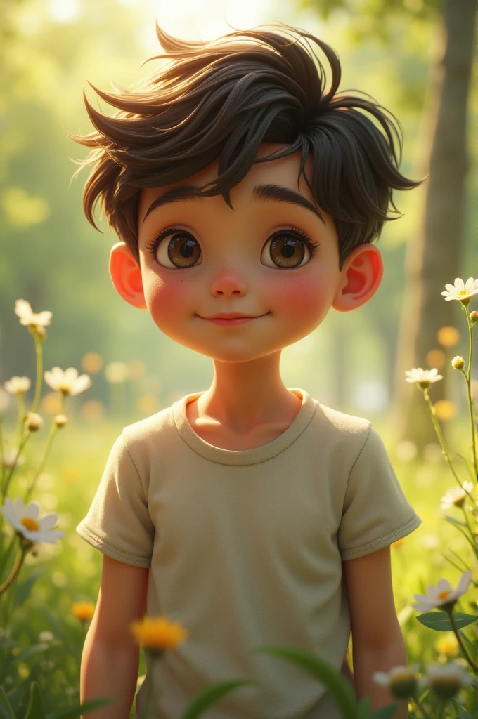 A boy with a gentle appearance, with harmonious and expressive strokes, has a confident and trustworthy posture, hair with a color that resonates with nature, dark like brown or a lighter shade that reflects the moisture of your waves