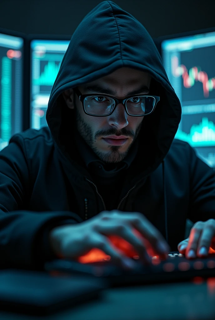 Man dressed in black with glasses and a hood, with a computer making operations in the financial market ,in high quality
