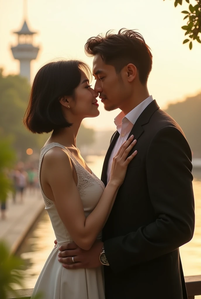 Description: The couple is standing close, with the man leaning in and whispering into the woman’s ear. She is slightly turned towards him, her hand resting gently on his chest. Their expressions are intimate, with a mix of passion and affection. The woman’s dress is slightly lifted as she leans into him.
Background: The setting is the waterfront of Yamashita Park with the golden light reflecting off the water. The Marine Tower and lush greenery form a soft, romantic backdrop.
Lighting: Warm, golden-hour sunlight highlights their profiles and creates a soft glow around them.
Casual yet Elegant Fashion: stylish but relaxed, fitting the overall elegant vibe. Yamashita Park Setting: Position the couple with the park’s features in the background. Capture the waterfront, lush greenery, and any distinctive landmarks like the Marine Tower.
Details of the Couple: Woman: With her short, dark hair styled neatly and her gentle features, she should be captured in a way that highlights her relaxed and natural beauty. Her outfit should complement her fair complexion and the soft lighting.
Man: With his slightly tousled dark hair and angular face, he should have a profile view that emphasizes his defined jawline and intense gaze. His relaxed expression should be softened by the golden light.