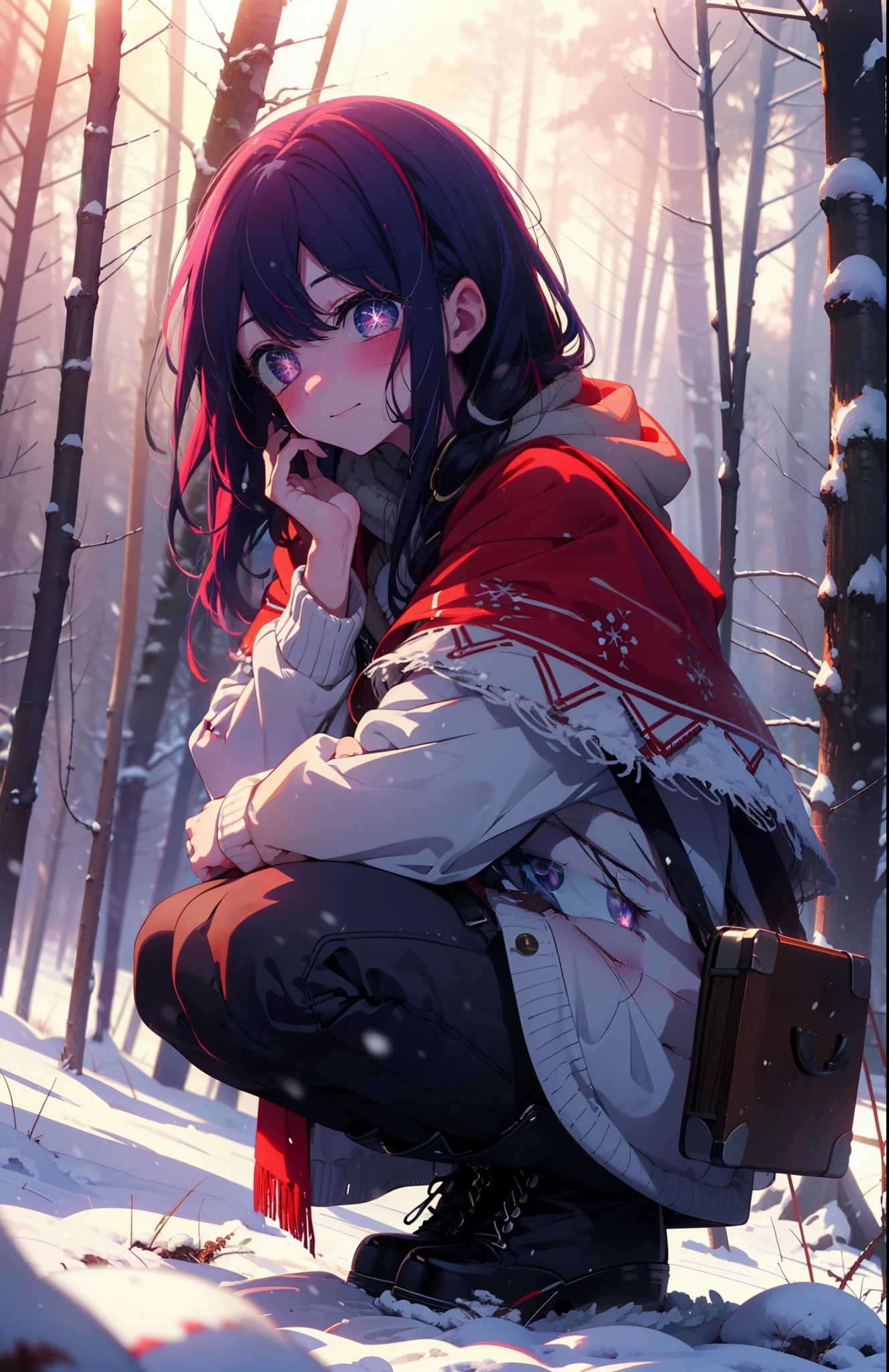 aihoshino, Ai Hoshino, Long Hair, bangs, (Purple eyes:1.1), Purple Hair, (Symbol-shaped pupil:1.5), smile,,smile,blush,white breath,
Open your mouth,snow,Ground bonfire, Outdoor, boots, snowing, From the side, wood, suitcase, Cape, Blurred, , forest, White handbag, nature,  Squat, Mouth closed, Cape, winter, Written boundary depth, Black shoes, red Cape break looking at viewer, Upper Body, whole body, break Outdoor, forest, nature, break (masterpiece:1.2), Highest quality, High resolution, unity 8k wallpaper, (shape:0.8), (Beautiful and beautiful eyes:1.6), Highly detailed face, Perfect lighting, Highly detailed CG, (Perfect hands, Perfect Anatomy),