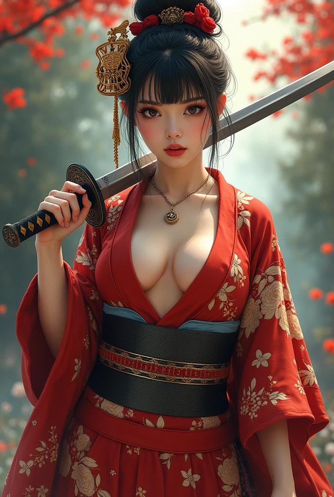 masterpiece, (best quality:1.4), Realistic, extremely detailed CG unified 8k wallpaper, Extremely detailled, High-definition raw color photos, professional photograpy, Realistic portrait, Cinematic Light, Beautiful detailed, 1girl in, Beautiful big breasts, Short ponytail, (Fine face:1.2), Long hair, Close up portrait of a girl in a completely transparent kimono with wide open front, Bare shoulders, (completely transparent kimono with wide open chest:1.4), open chest wide、Beautiful kimono with the image of a dragon, (with super huge dragon), (super huge and fierce dragon in the background:1.2), Black Dragon, details of the dragon, ((Innumerable sparkling jewels, Myriad shining jewels)), Fantasy Art, Outdoors, highly complex details, Intricately intertwined, fluttering in the sky, overlooking the clouds, rising flames, a desperate situation of crisis, transcendence realism,