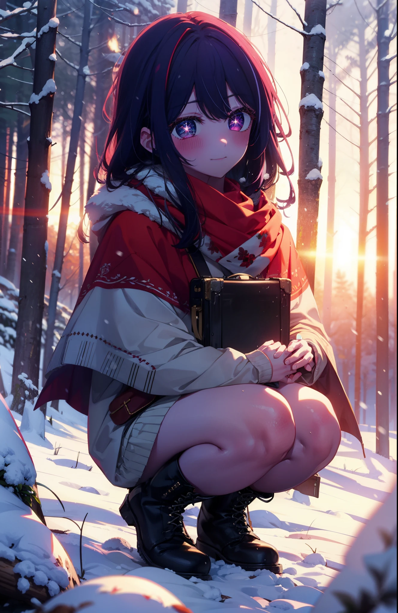 aihoshino, Ai Hoshino, Long Hair, bangs, (Purple eyes:1.1), Purple Hair, (Symbol-shaped pupil:1.5), smile,,smile,blush,white breath,
Open your mouth,snow,Ground bonfire, Outdoor, boots, snowing, From the side, wood, suitcase, Cape, Blurred, , forest, White handbag, nature,  Squat, Mouth closed, Cape, winter, Written boundary depth, Black shoes, red Cape break looking at viewer, Upper Body, whole body, break Outdoor, forest, nature, break (masterpiece:1.2), Highest quality, High resolution, unity 8k wallpaper, (shape:0.8), (Beautiful and beautiful eyes:1.6), Highly detailed face, Perfect lighting, Highly detailed CG, (Perfect hands, Perfect Anatomy),