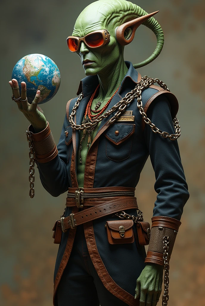Realistic Martian with clothes, glasses and chains and holding a planet in his hand