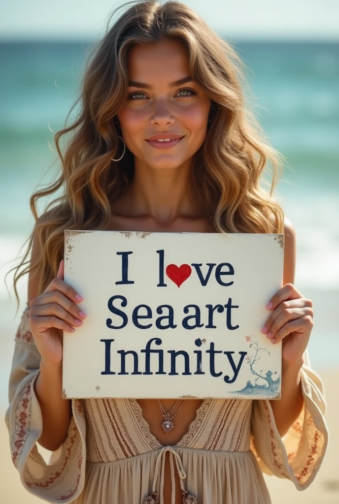 Beautiful girl with wavy long hair, bohemian dress, holding a white board with text "I Love Seaart Infinity" and showing it to the viewer