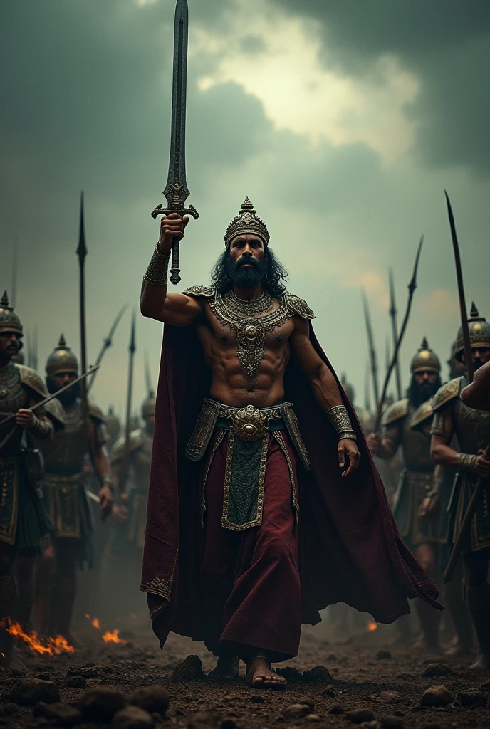 A tamil king with sword and his army
Make it more dark and more tamil