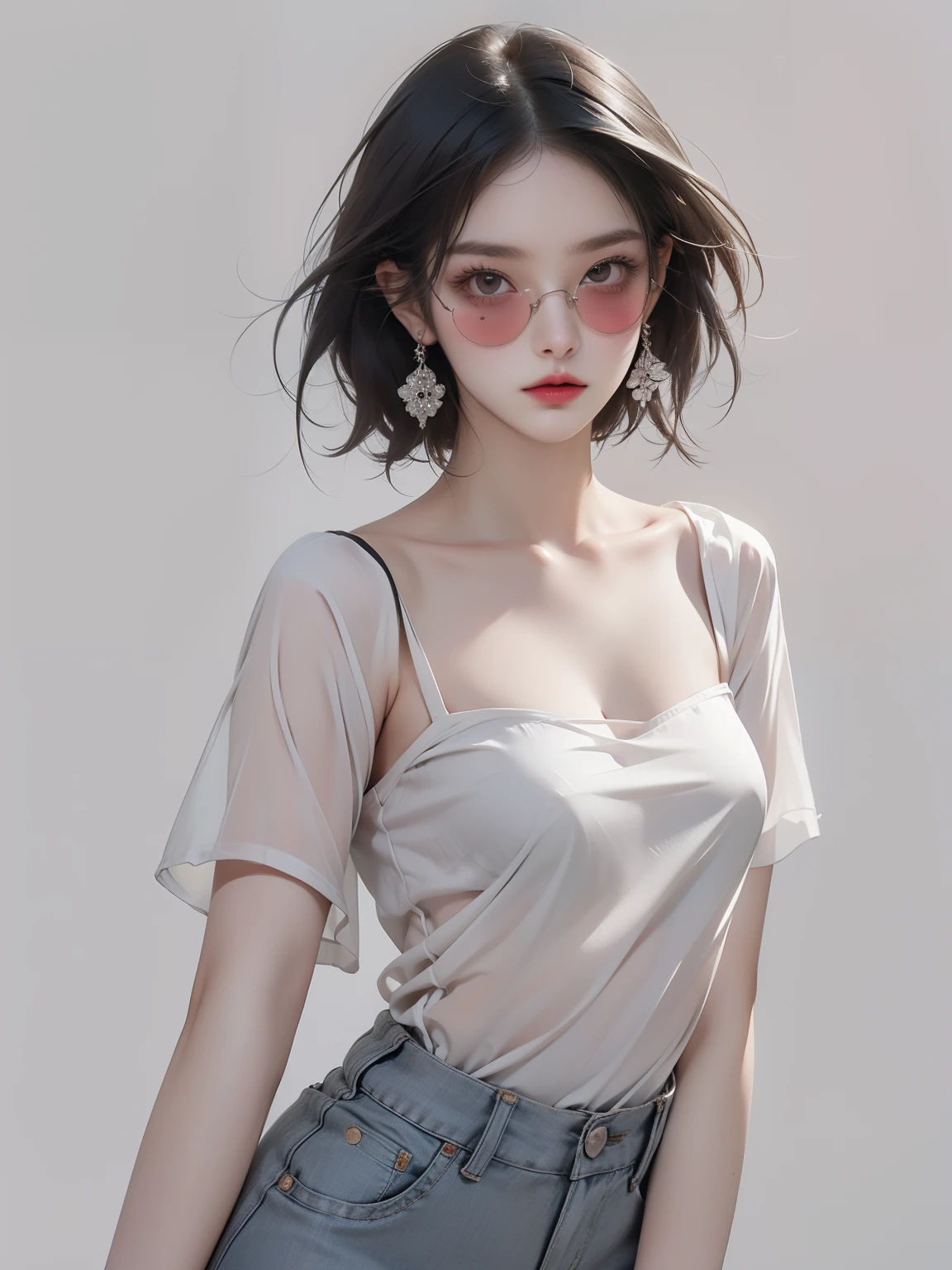 (masterpiece, Highest quality:1.2), Realistic, (Face shape: Surface length contour), (eye: Sharp eye, Cold Stare, eye make up), (nose: The nose muscles are thin and small in size.), (mouth: Neutral lips, Bright red lips), (skin: Transparent white skin, cheek), (shape: Thin Hips, Thigh Gap, Small breasts), (Overall impression: Korean young woman), (hair: perm, short hair), ((Clothes: See-through blouse, tube top earrings, sunglasses)), ((Pink Gray Background)), Strike a Pose
