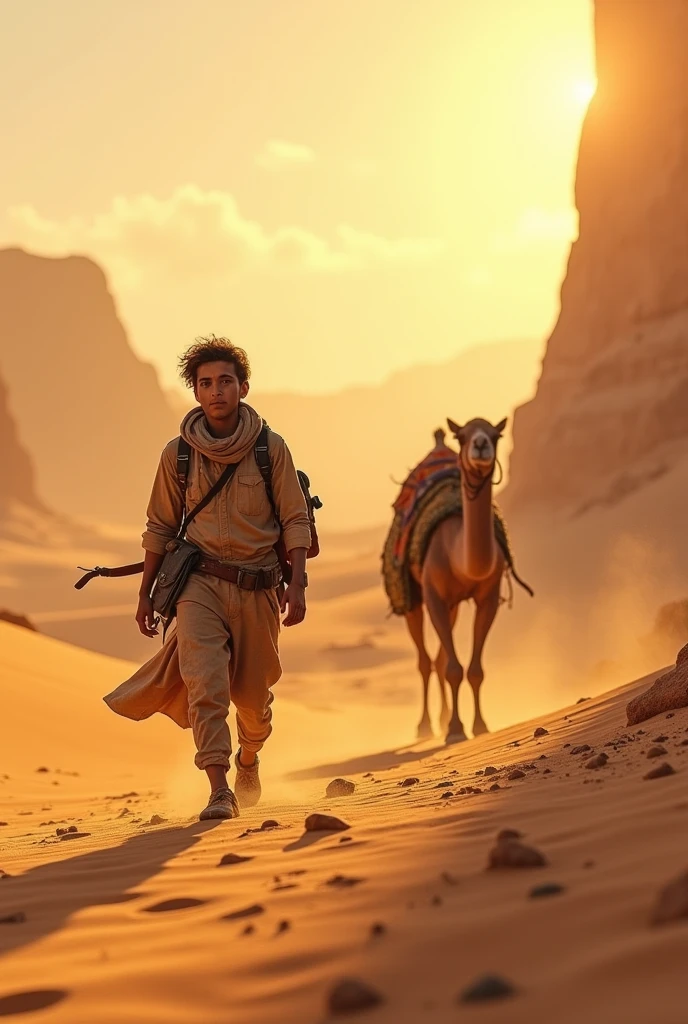 Young man on desert with camel