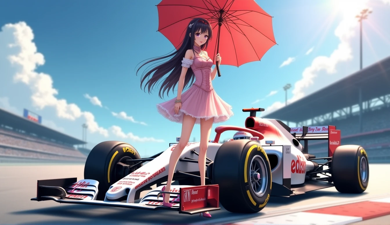 F1 Race Circuit。One young Japanese race queen。Standing with a parasol in front of a race car。The costume you&#39;re wearing、separate。I have a bangle on my arm。Background、Sparkling in the summer sun。Anime Style。Looking from afar。Beautiful legs are attractive。whole body。Wearing high heels