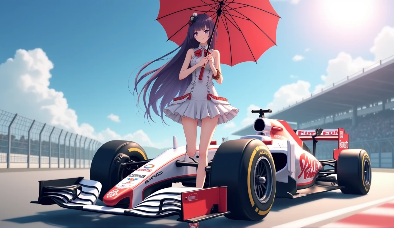 F1 Race Circuit。One young Japanese race queen。Standing with a parasol in front of a race car。The costume you&#39;re wearing、separate。I have a bangle on my arm。Background、Sparkling in the summer sun。Anime Style。Looking from afar。Beautiful legs are attractive。whole body。Wearing high heels