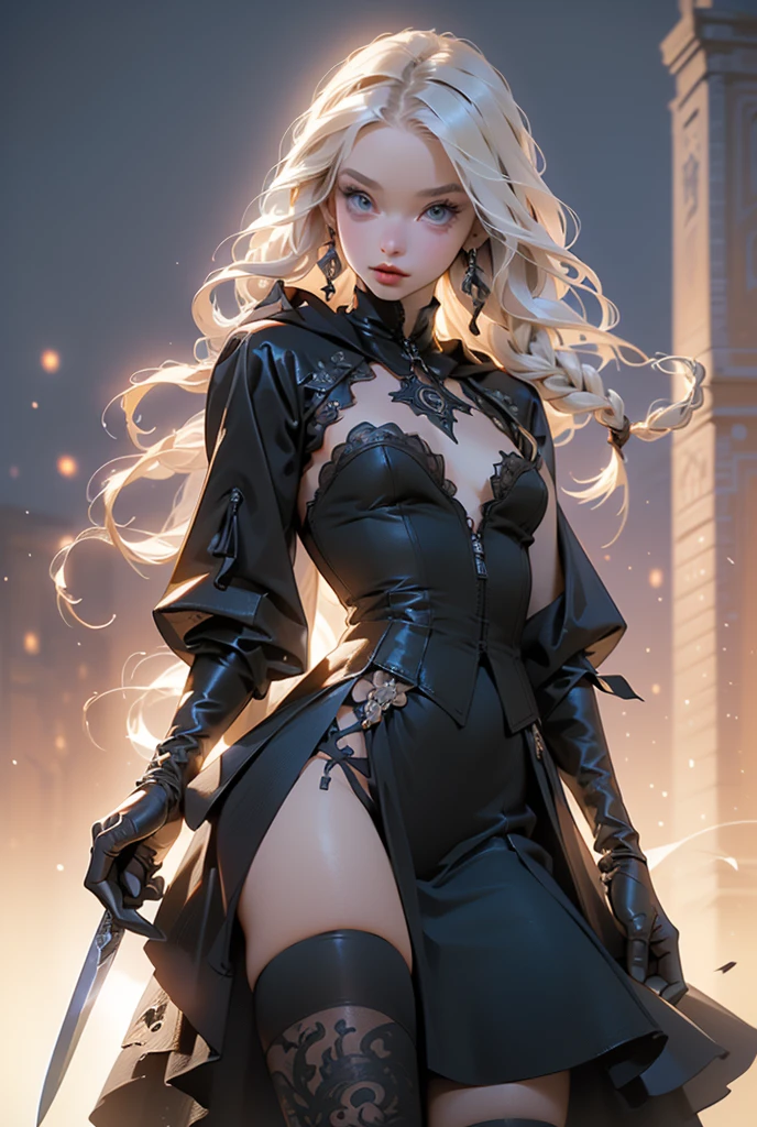 (((masterpiece, of the highest quality, super detailed))), ((a female knight of an occult order)), (an occult saint), (combat pose), (ready for combat), (resolved expression), (resolute expression), (((floating sword, nier automata))), (nier automata meets bloodbourne), ((Edwardian/Victorian era inspired)), ((minimal but intricate beautiful armour)), (big forhead:1.2),extremely detailed cute anime face, (((flat chest))), ((flat chest:1.1)), ((((long twin braids,tight braids,long braid,braided hair,long hair)))), ((ponytail, thick ponytail, heavy ponytail)), ((Fluttering lace flared dress with frilly petticoats)), ((((Highly detailed face))), (((Very sharp focused eyes))), very long eyelashes, ((small breasts)), (((flat chest:1.1))), occult aesthetic, (red and white clothing detailed and intricate steampunk and detailed gothic), (with a hood), complex lace boots, (full body)
