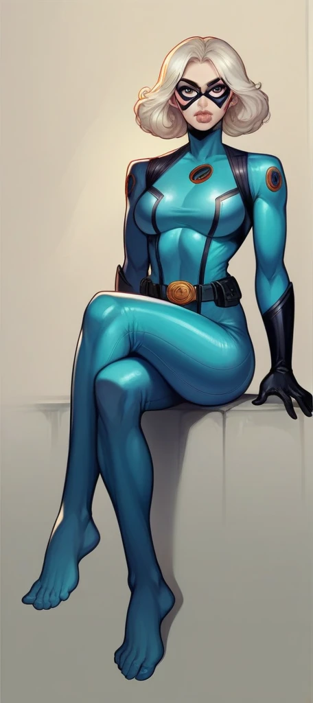 (ultra realistic,32k, masterpiece:1.1),(high detailed skin:1.1), 8k uhd, dslr, high quality, (makeup, mascara:1.1),(thick\lips\),
marveldomino, colored skin, bodysuit, belt,
(looking at viewer, sitting, crossed legs:1.1),,
,(tenebrism:1.1), barefeet