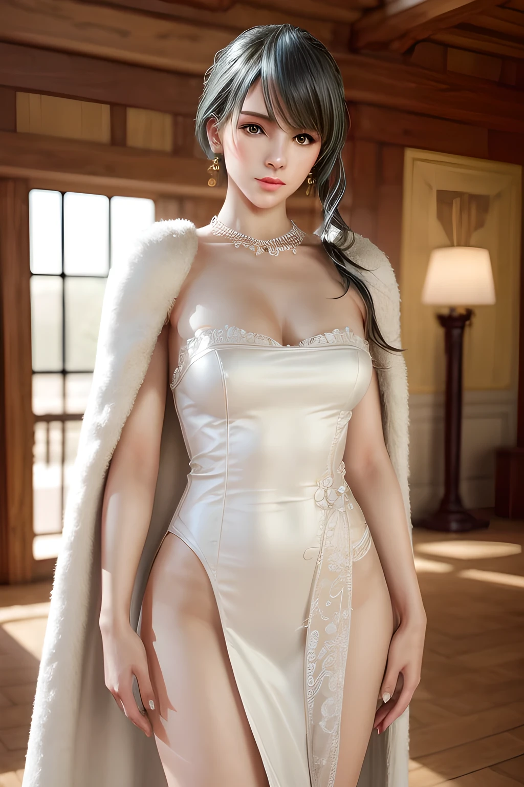 A lady with extraordinary temperament, she stands in a modern indoor space, as if she is a model from a fashion magazine. She is wearing a (pure white long fur cape), the softness and luster of which makes her look more noble under the light, and complements her (beige dress) underneath, showing her gentle temperament while maintaining a sense of fashion. The style of the dress is simple and generous, a perfect match, and it lengthens her figure, making her tall and charming. The lady's makeup is delicate and elegant, which just highlights her facial features and makes people unforgettable at first sight. Although the earrings and necklace she wears are not ostentatious, they add a bit of sophistication and nobility to her overall look. Her hair is casually draped over her shoulders, and every strand of hair exudes a natural luster,, (best quality,8k,highres,masterpiece:1.2),ultra-detailed,(realistic,photorealistic,photo-realistic:1.37),studio lighting,ultra-fine painting,sharp focus,physically-based rendering,extreme detail description,professional,vivid colors