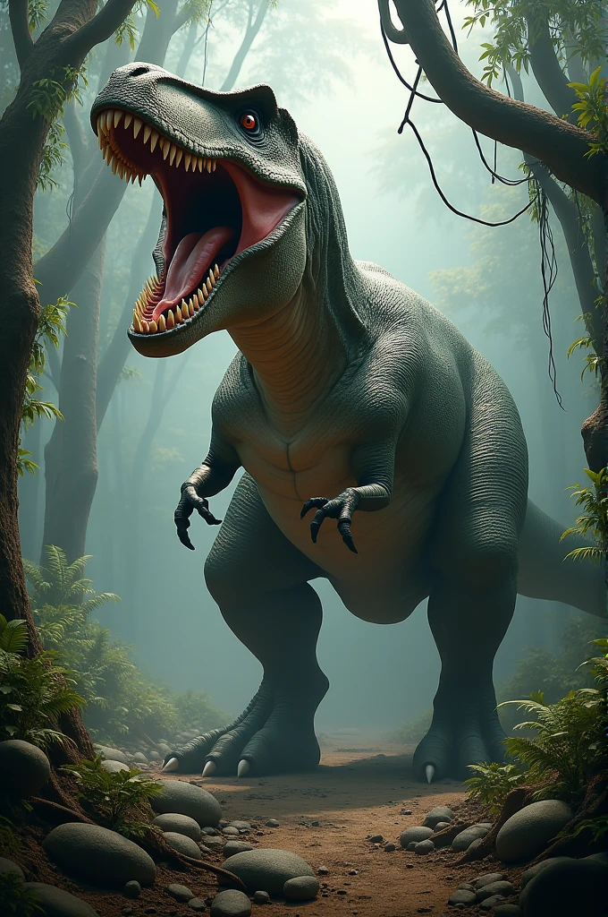 Create a highly realistic and dramatic image of a Tyrannosaurus Rex. The T-Rex should be detailed with lifelike textures, dark green and brown scales, and a fierce expression with sharp teeth visible. The setting is a prehistoric jungle with dense vegetation and a misty atmosphere. The T-Rex is roaring, showcasing its powerful muscles and massive size. Dynamic lighting highlights its form and casts dramatic shadows. Include elements like rocks and trees to enhance the realism and depth of the scene.
